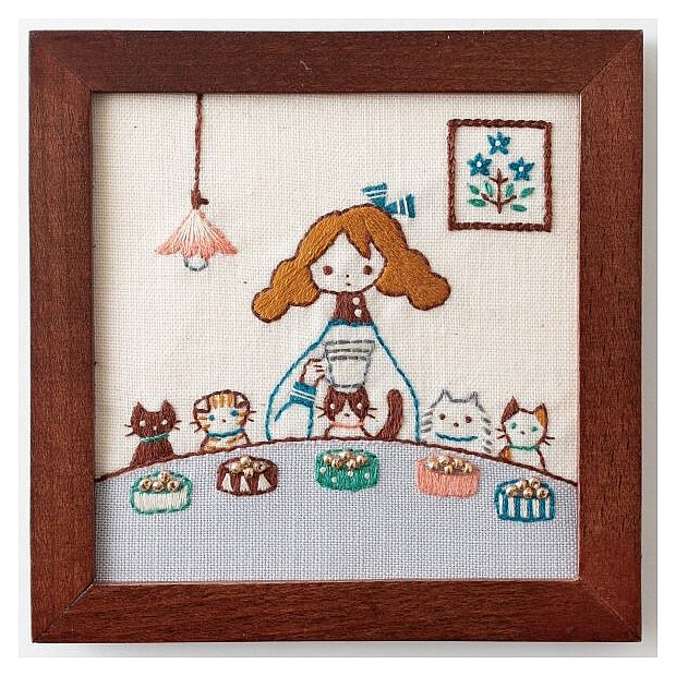 A Life With A Cat DINING, Embroidery Kit with Frame