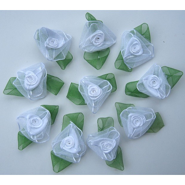 10 Organza Ribbon Roses 3.8x3.2 cm white