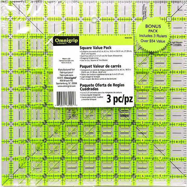 Omnigrip 3 Square Rulers: 10.5'', 8.5'' & 6.5'' in Inches