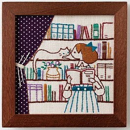 A Life With A Cat BOOK SHELF, Embroidery Kit with Frame